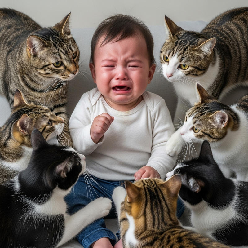 Crying Baby Surrounded by Cats - Heartwarming Scene Crying Baby Surrounded by Cats - Heartwarming Scene