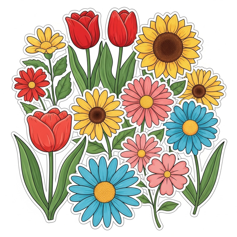 Cute Cartoon Flowers Sticker: Tulips, Daisies, Sunflowers Cute Cartoon Flowers Sticker: Tulips, Daisies, Sunflowers