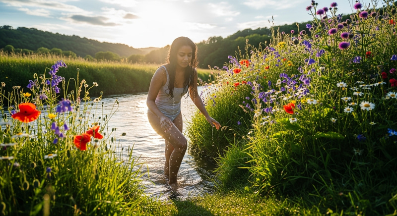 Beautiful 18-Year-Old Woman Coming out of River on Sunny Summer Day
