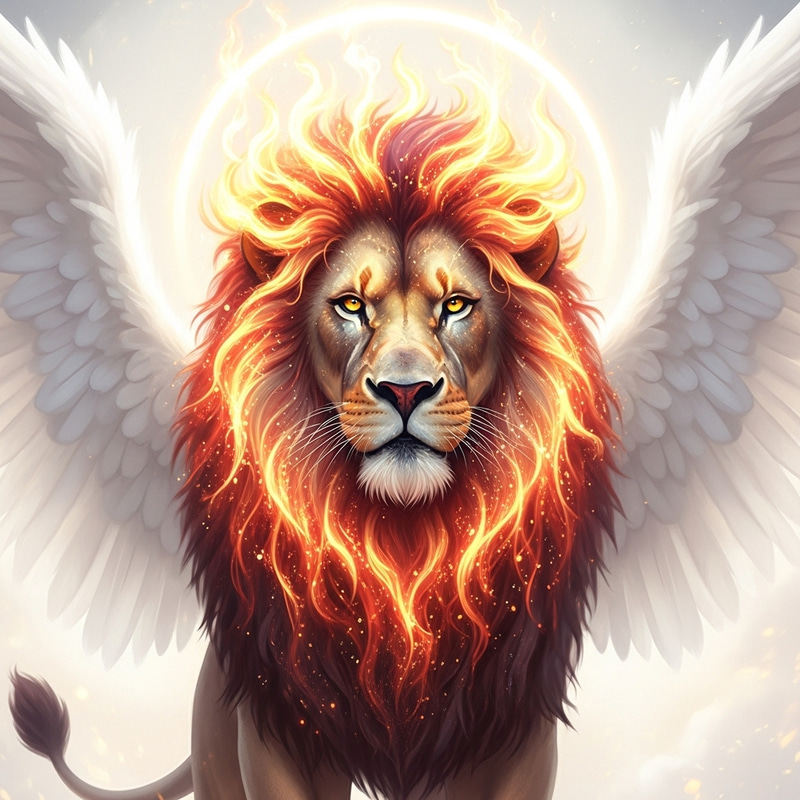 Fiery Lion with Angel Wings in White - Stunning Imagery Fiery Lion with Angel Wings in White - Stunning Imagery