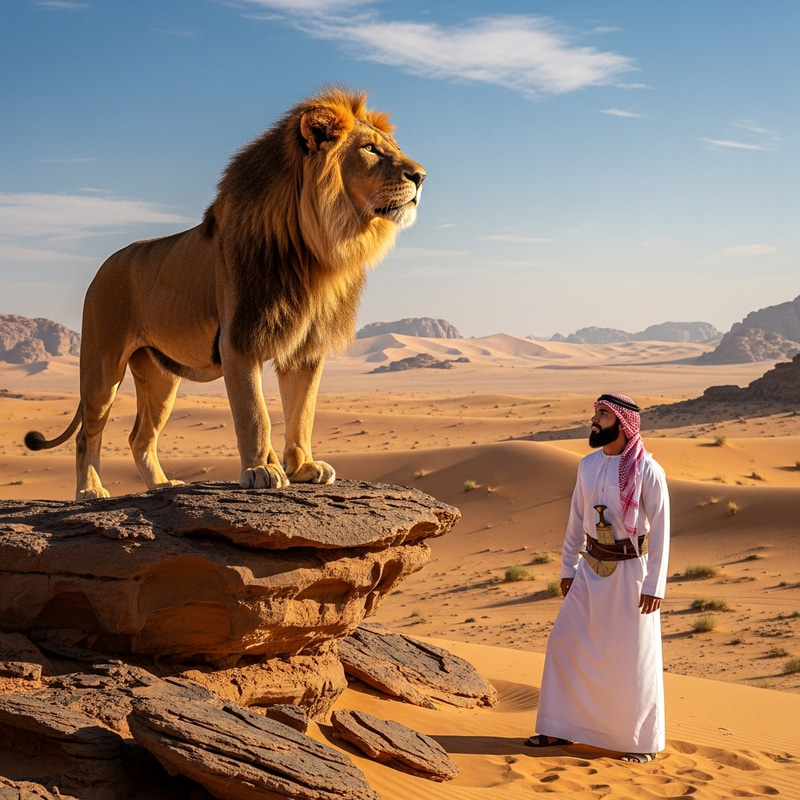 Majestic Lion and Arabic Man in Golden Desert