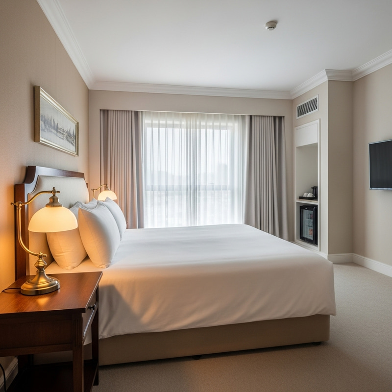 Tranquil Hotel Bedroom with King-Size Bed and Elegant Decor Tranquil Hotel Bedroom with King-Size Bed and Elegant Decor