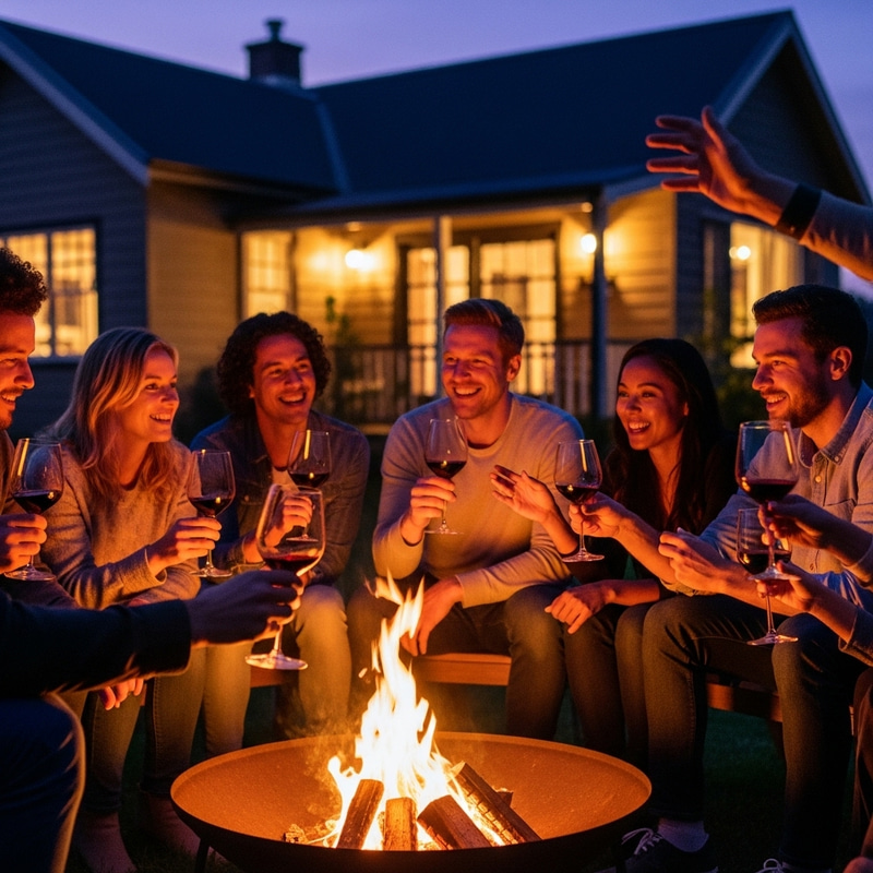 Twilight Gathering: Group Around Fire Pit with Wine & Conversation Twilight Gathering: Group Around Fire Pit with Wine & Conversation