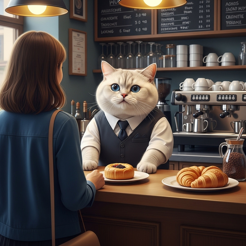Charming Realistic British Cat Waiter Serving Pastry in Cafe
