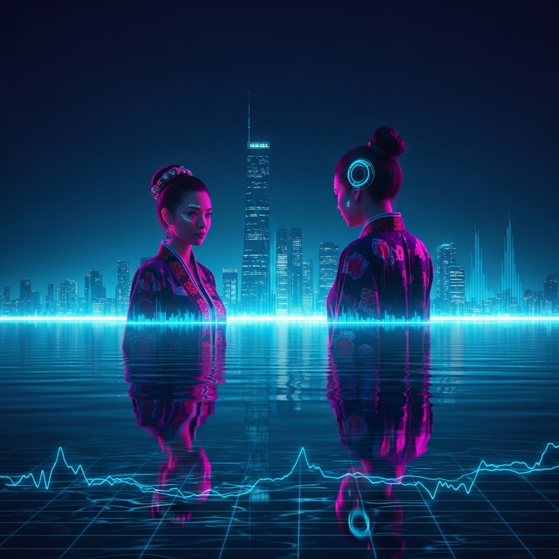 Futuristic Cyberpunk Woman Gazing into Neon Sea Futuristic Cyberpunk Woman Gazing into Neon Sea
