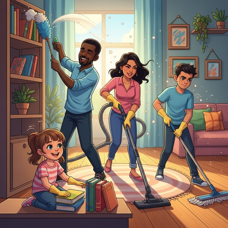 Exciting Family Home Cleaning Scene | Vibrant Cartoon Illustration Exciting Family Home Cleaning Scene | Vibrant Cartoon Illustration