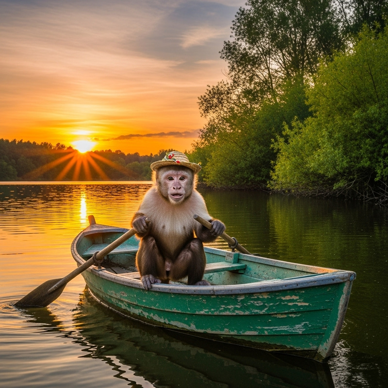 Monkey in Boat | Tranquil Lake Scene Monkey in Boat | Tranquil Lake Scene