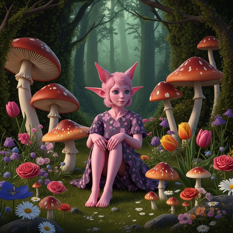 Enchanting Pink Forest Elf Among Mushrooms and Flowers