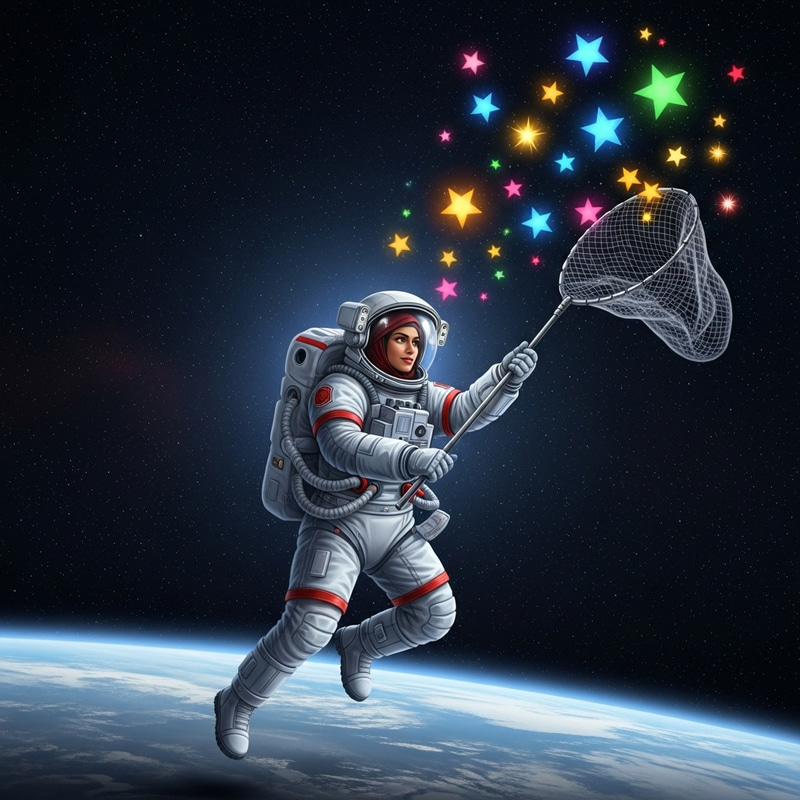 Middle-Eastern Woman in Space Chasing Luminous Stars