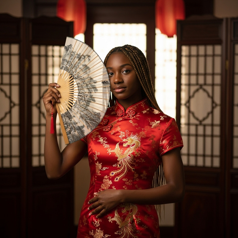 Elegant American Girl in Red Silk Dress Elegant American Girl in Red Silk Dress