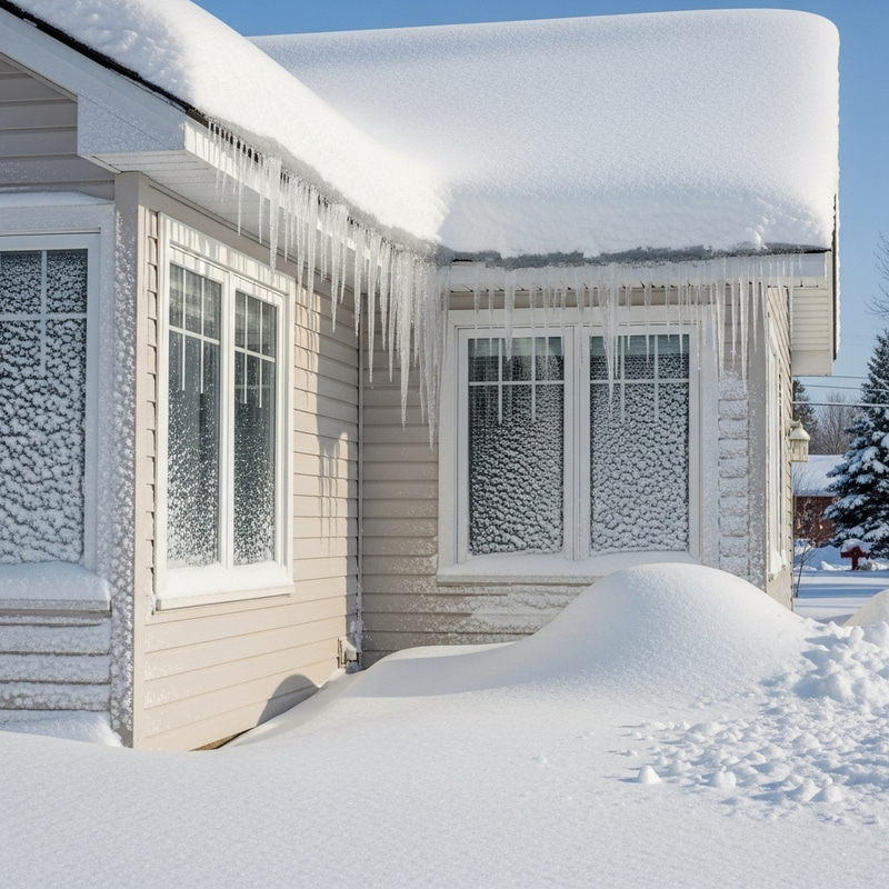 Snow-Covered House with Icicles: A Winter Scene