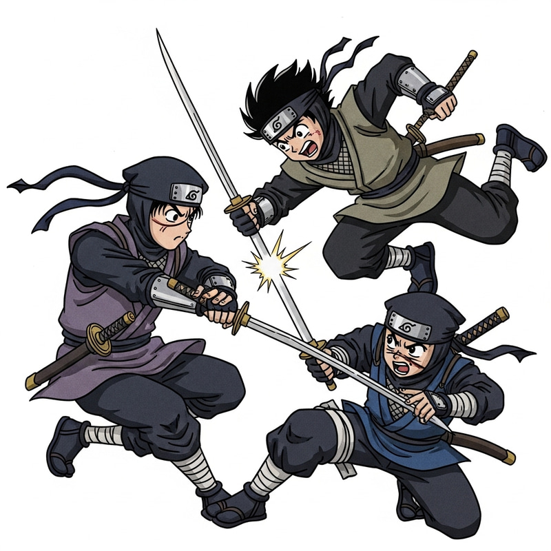 Energetic Ninja Battle Scene in Manga Art - Fast-Paced Action