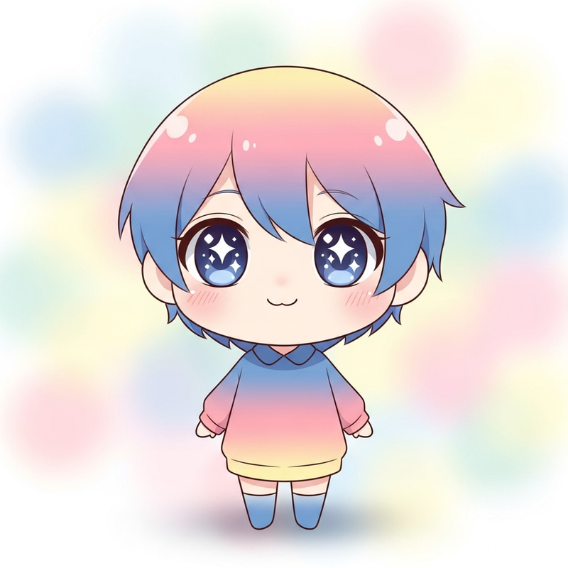 Cute Chibi-Style Anime Character with Sparkling Eyes Cute Chibi-Style Anime Character with Sparkling Eyes