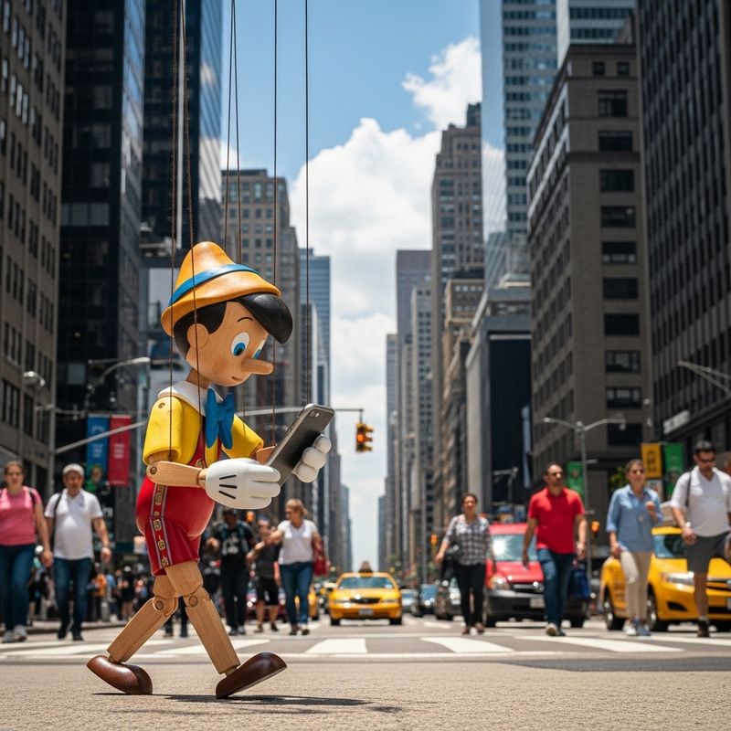 Small Wooden Marionette Exploring the City