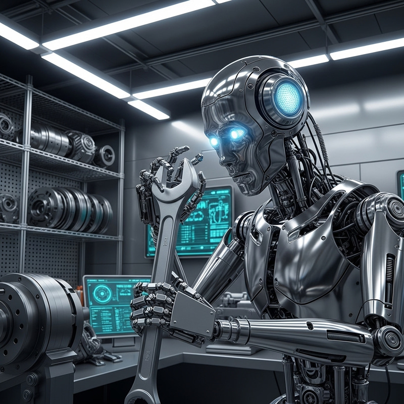 Futuristic AI Robot with LED Eyes and Wrench Futuristic AI Robot with LED Eyes and Wrench