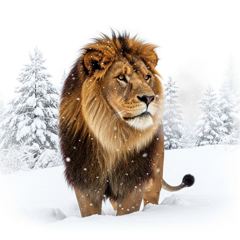 Majestic Lion in Snow: Tranquil Winter Scene Majestic Lion in Snow: Tranquil Winter Scene