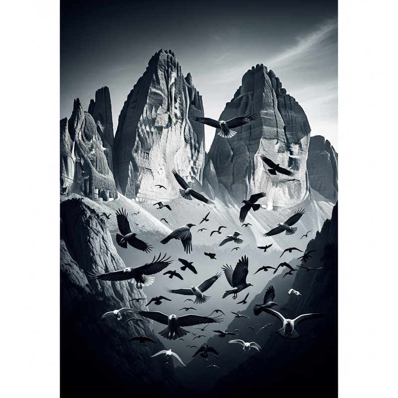 Dramatic Black and White Mountain Silhouette with Flying Birds Dramatic Black and White Mountain Silhouette with Flying Birds