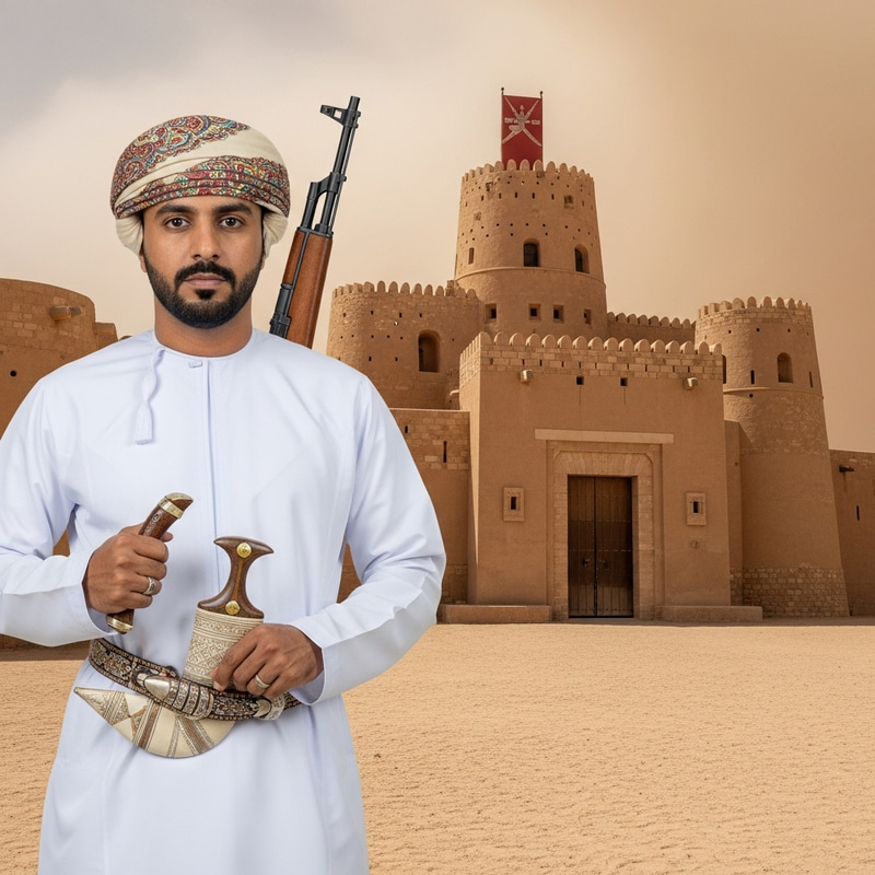 Omani Man in Traditional Attire at Old Castle Amid Sandstorm Omani Man in Traditional Attire at Old Castle Amid Sandstorm