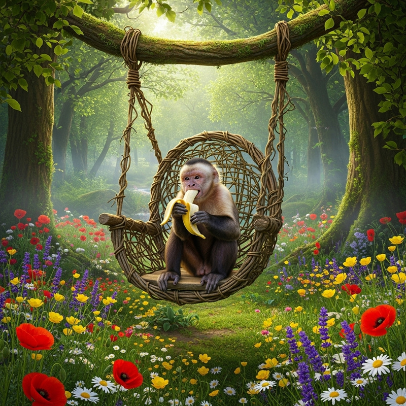Monkey on Swing Chair in Forest - Snacking on Bananas