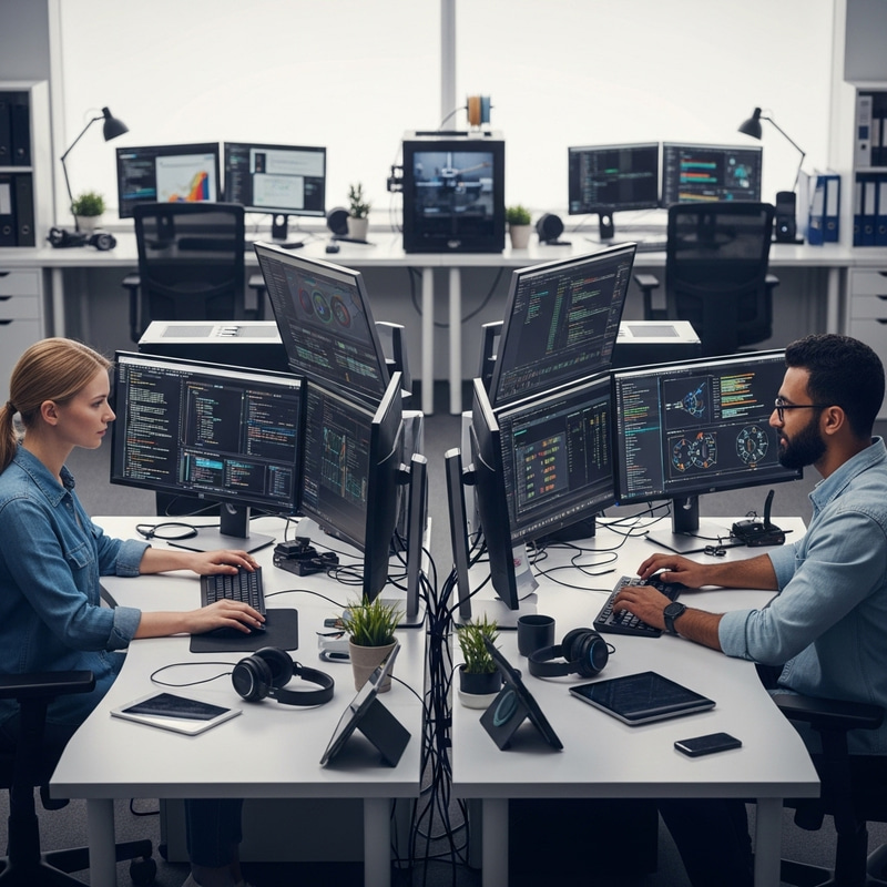 Tech-Savvy Duo Working Together in Modern Office Tech-Savvy Duo Working Together in Modern Office
