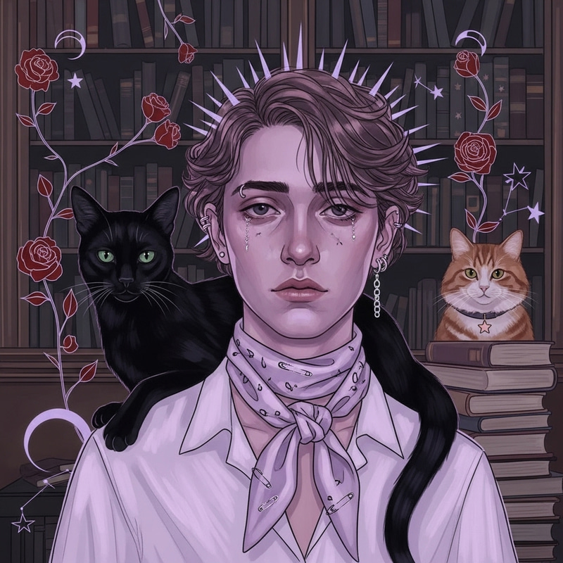 Artistic Portrait with Minimalistic Roses, Cats, and Stars in Lavender and Cherry Red Artistic Portrait with Minimalistic Roses, Cats, and Stars in Lavender and Cherry Red