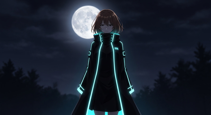 Tranquil Anime Girl in Black and Cyan Long Jacket-Coat | Moonlit Scene
