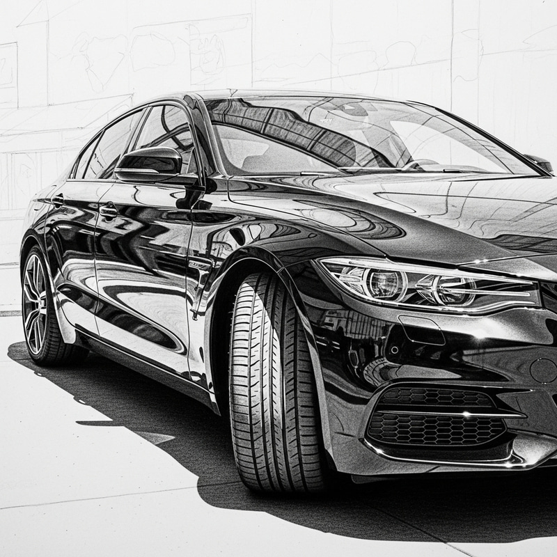 Realistic Black Car Pencil Drawing - Detailed Sketch Art