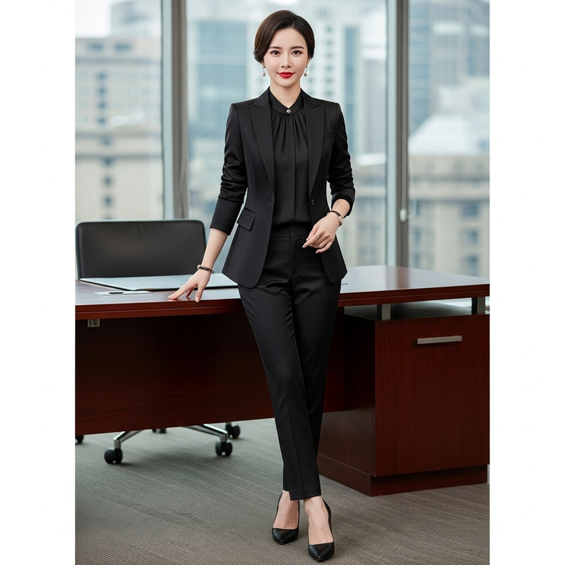 Elegant Professional Female in High Heels & Black Silk Suit