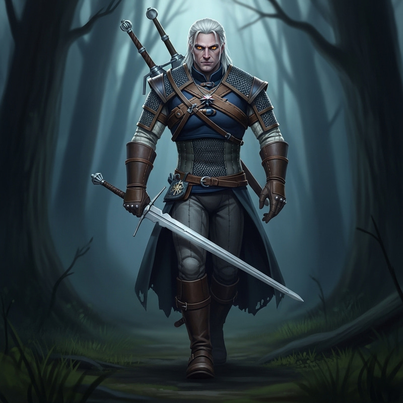 The Witcher in Dark Forest - Illustration of Legendary Monster Hunter