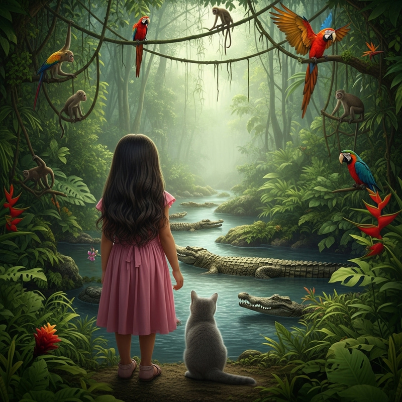 Hispanic Girl and Gray Cat in Jungle with Crocodiles
