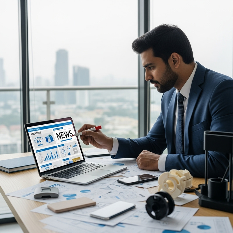 Indian Businessman Studying News Projects in Urban News Office Indian Businessman Studying News Projects in Urban News Office