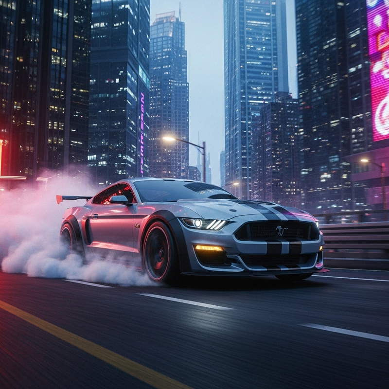 Futuristic Ford Mustang Shelby Driving in Next-Gen City