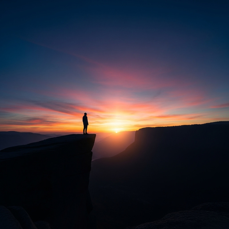 Solitary Figure on Cliff at Sunrise - Captivating Landscape View Solitary Figure on Cliff at Sunrise - Captivating Landscape View