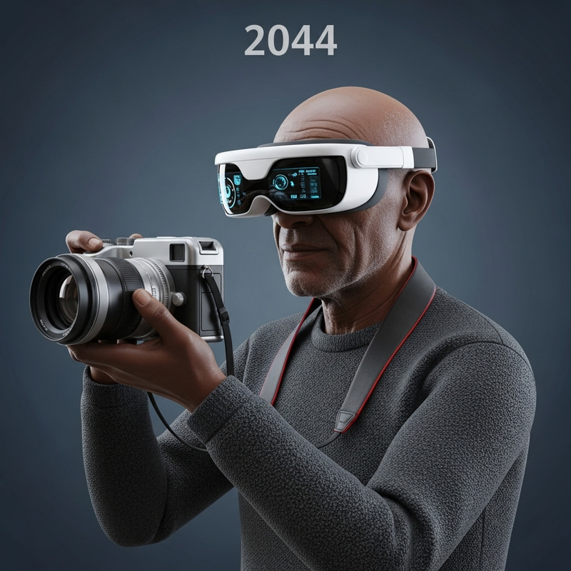 Futuristic Black Elderly Photographer with 2044 Futuristic Canon Camera
