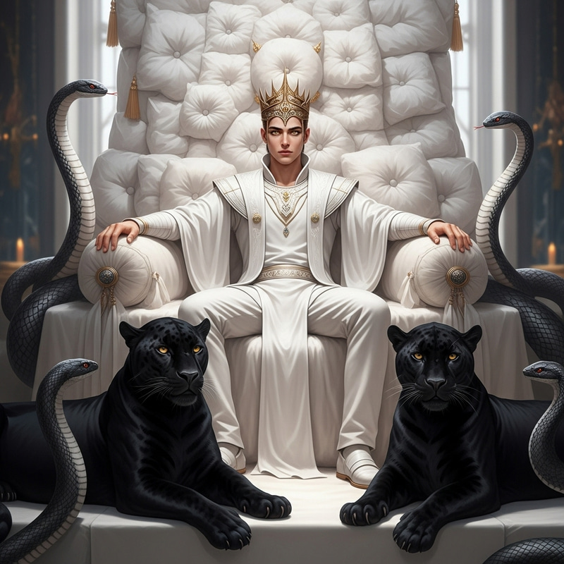 Majestic Young Eastern Man on Plush Throne with Panther and Serpent Guards Majestic Young Eastern Man on Plush Throne with Panther and Serpent Guards