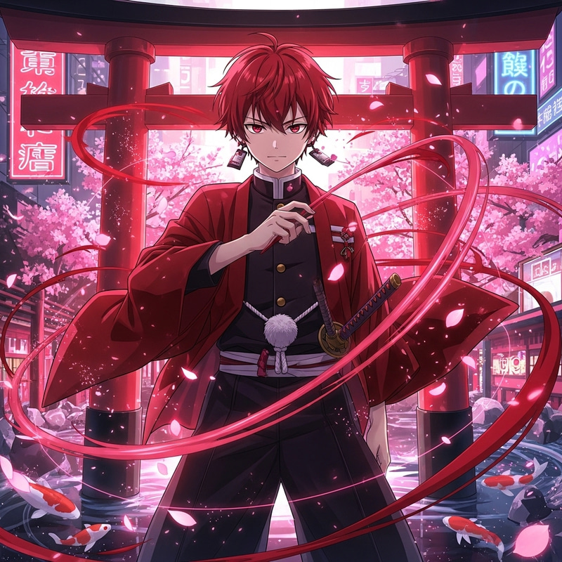 Anime-Style Boy in Red with Japanese Aesthetic & Effects Anime-Style Boy in Red with Japanese Aesthetic & Effects