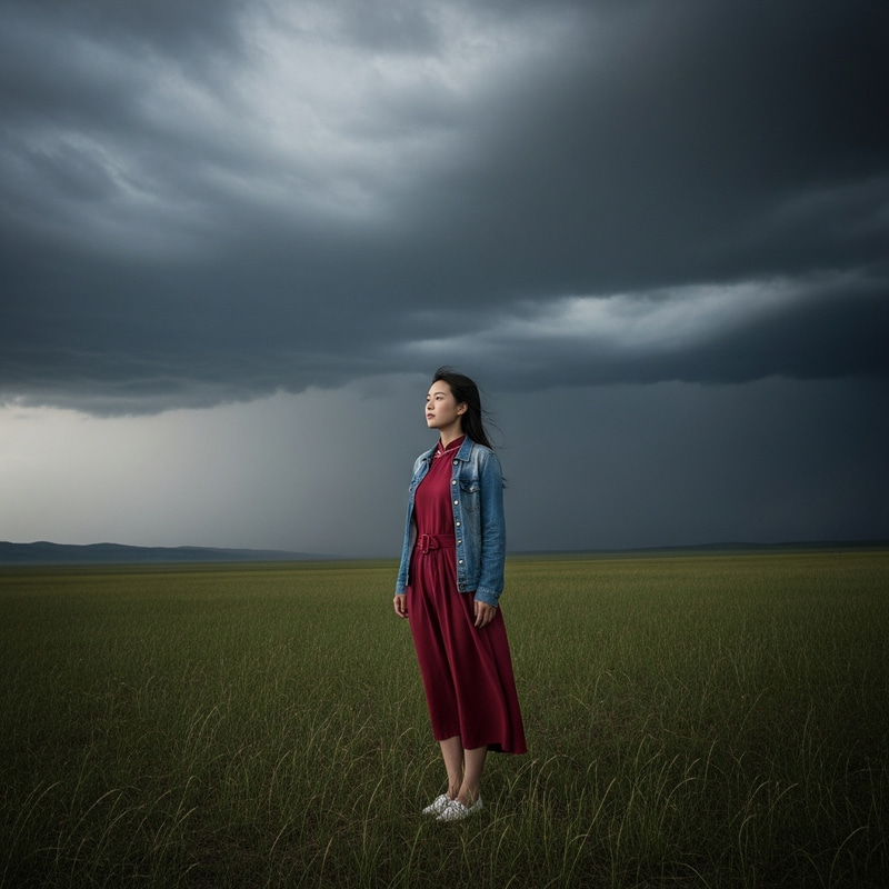 Chinese Girl on Vast Grassland | Dramatic View Amidst Ominous Storm Chinese Girl on Vast Grassland | Dramatic View Amidst Ominous Storm