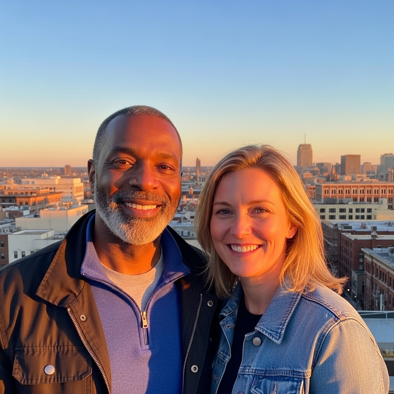 Cityscape Bliss: Smiling Couple at Sunset Overlooking Urban Skyline