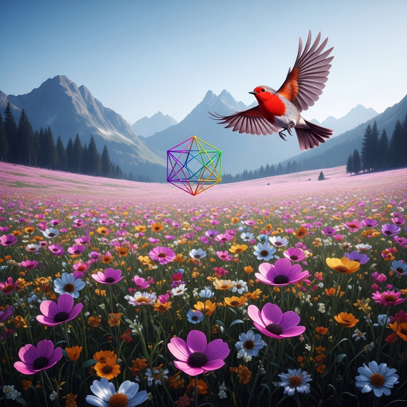 Colorful Metallic Flowers in Surreal Mountain Meadow Colorful Metallic Flowers in Surreal Mountain Meadow