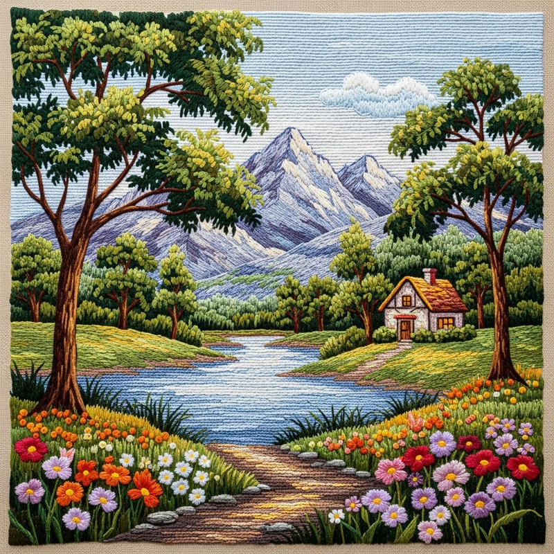 Beautiful Countryside Embroidery Artwork | Thread Painting Beautiful Countryside Embroidery Artwork | Thread Painting