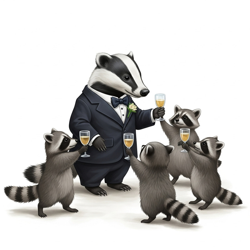 Enchanting Badger Wedding Celebration with Raccoons Toasting Enchanting Badger Wedding Celebration with Raccoons Toasting