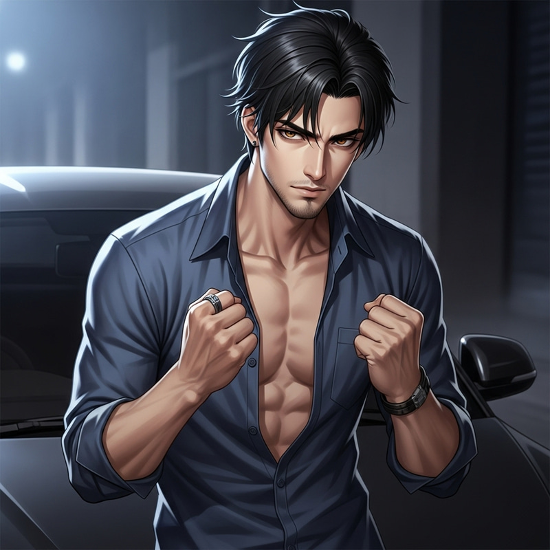 Confident Young Man Posing by Black Car Confident Young Man Posing by Black Car