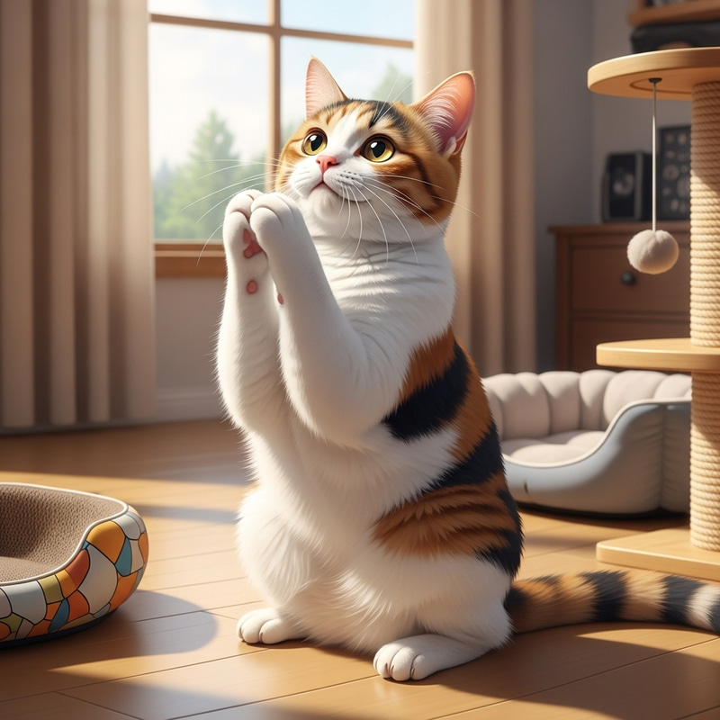 Charming Cat Praying Pose with Patchwork Fur Charming Cat Praying Pose with Patchwork Fur