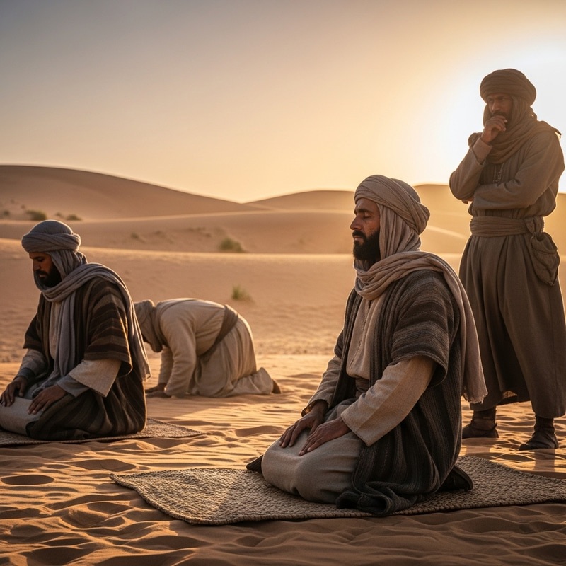 Middle-Eastern Men Praying in Pre-Islamic Desert Scene