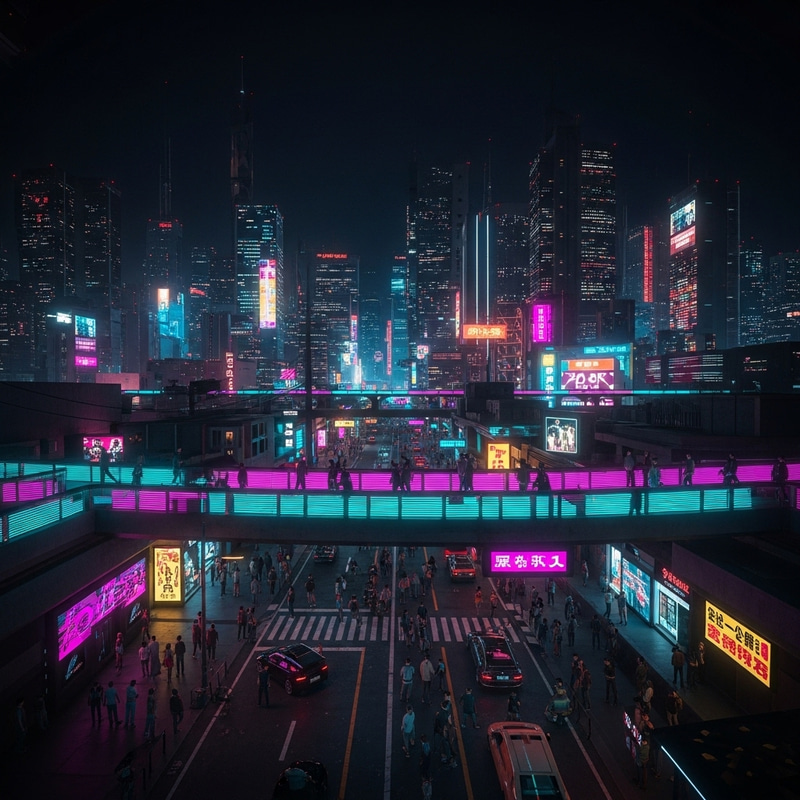 Cyberpunk Neon Cityscape: Vibrant Urban Life at Night