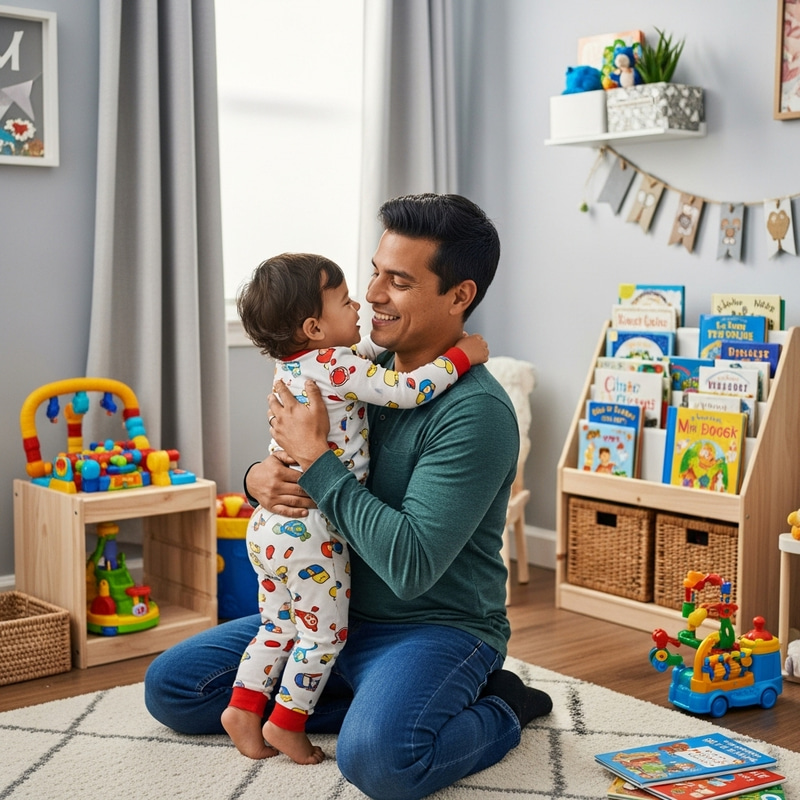 Hispanic Father Embracing Child with Love in Cozy Home