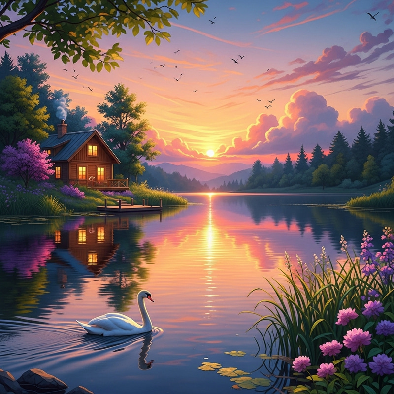 Serene Lake Sunset with Wooden Cabin and Graceful Swan Serene Lake Sunset with Wooden Cabin and Graceful Swan