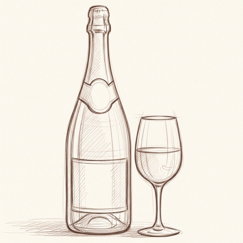 Champagne Bottle and Glass Sketch Artwork