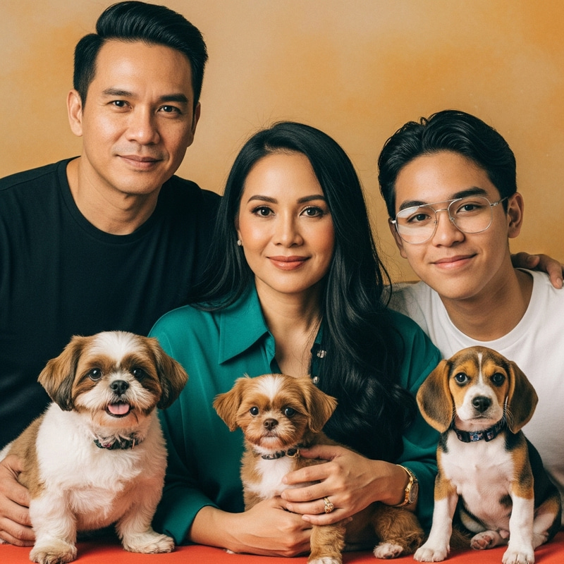 Genuine Filipino Family Portrait: Warm Vintage Vibe with Beloved Pets Genuine Filipino Family Portrait: Warm Vintage Vibe with Beloved Pets