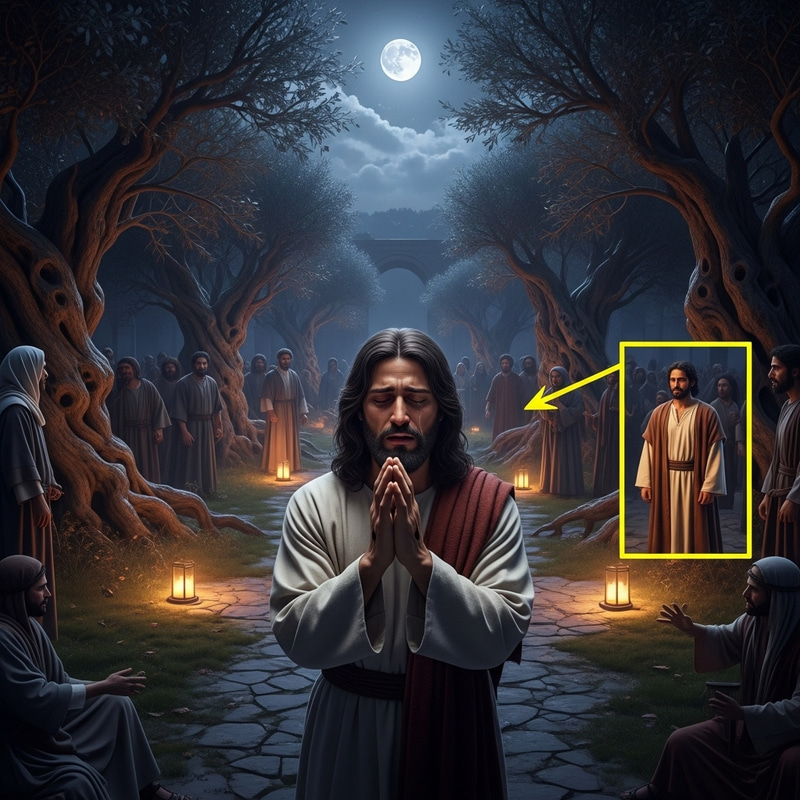 Hyperrealistic Image of Betrayal in Ancient Garden: Jesus at Gethsemane